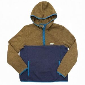 L.L. Bean Hoodie Sweater Fleece Snap Neck Henley Pullover Brown Blue Mens Med